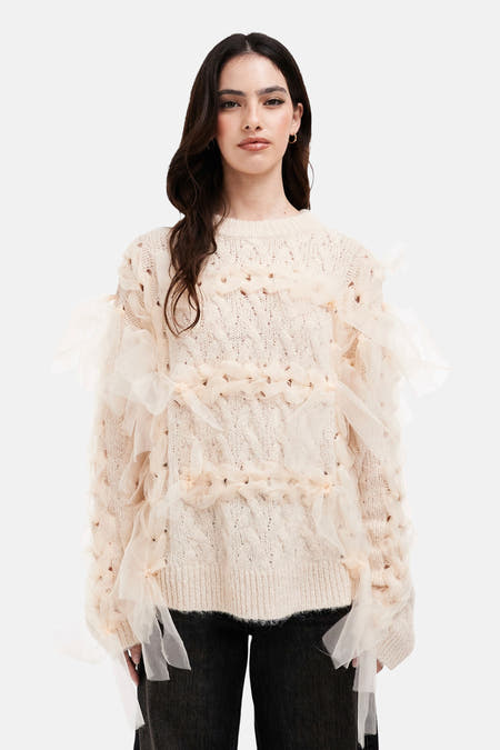 Tunique écru avec col rond de TOPSHOP, avec des détails en tulle sur les manches.