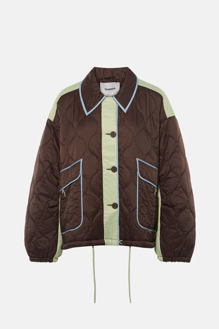 Veste courte marron de TOPSHOP, avec surpiqûres à carreaux, bordures bleu clair et détails vert menthe.