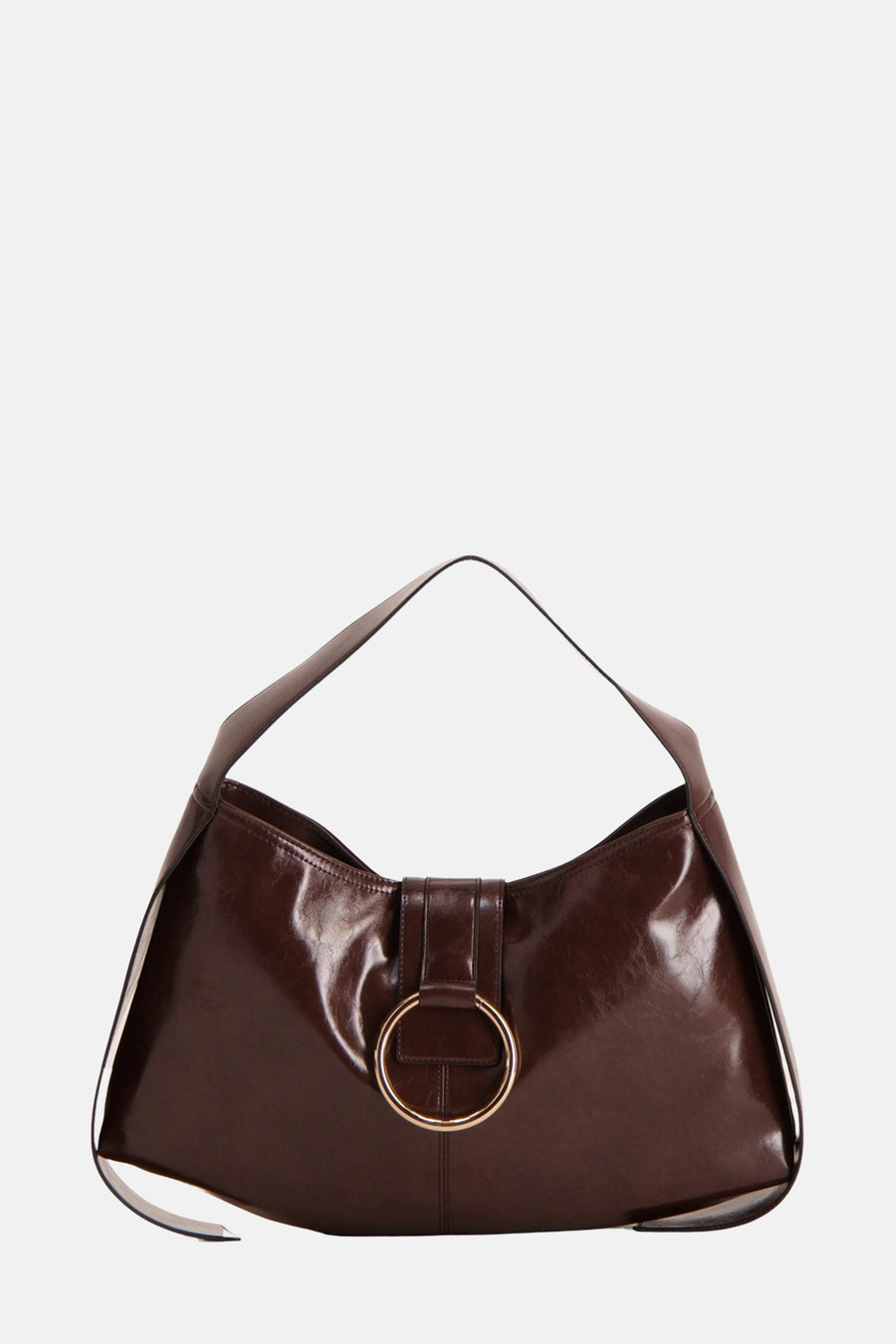 Bruine leren handtas met gouden ring.
