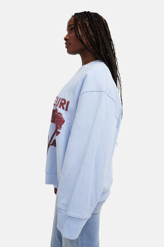 Pull-over bleu de TOPSHOP, avec une impression rouge d'une fleur et des jeans bleus partiellement visibles.