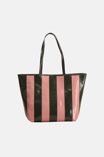 Sac à bandoulière rose de TOPSHOP avec des rayures vertes verticales et des poignées noires.