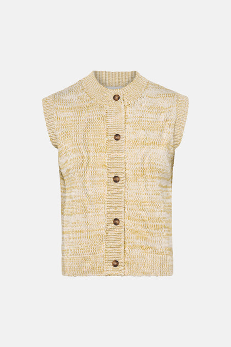 Gilet jaune de TOPSHOP avec boutons marron et une texture tricotée.
