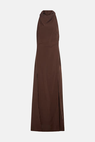 Robe marron sans manches de TOPSHOP, avec un col montant et une fente latérale.