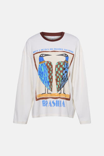 T-shirt blanc à manches longues TOPSHOP avec illustration colorée d'oiseaux et le texte "Brasilia".