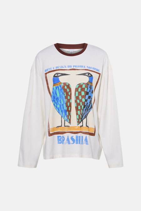 T-shirt blanc à manches longues TOPSHOP avec illustration colorée d'oiseaux et le texte "Brasilia".