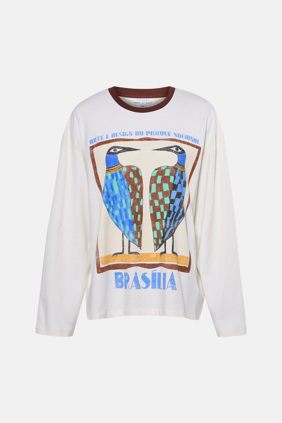 T-shirt blanc à manches longues TOPSHOP avec illustration colorée d'oiseaux et le texte "Brasilia".