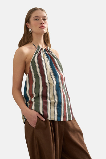 Multicolor blouse van TOPSHOP met verticale strepen, een halterhals en gedragen op een bruine broek.