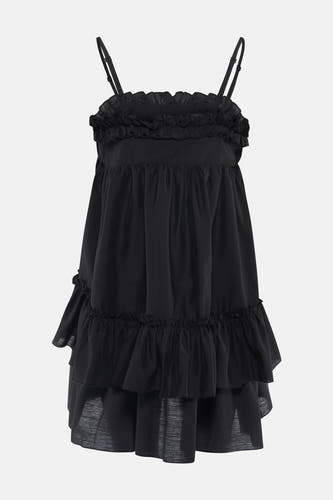 Robe courte noire sans manches TOPSHOP avec volants, bretelles spaghetti réglables et ourlet à volants.