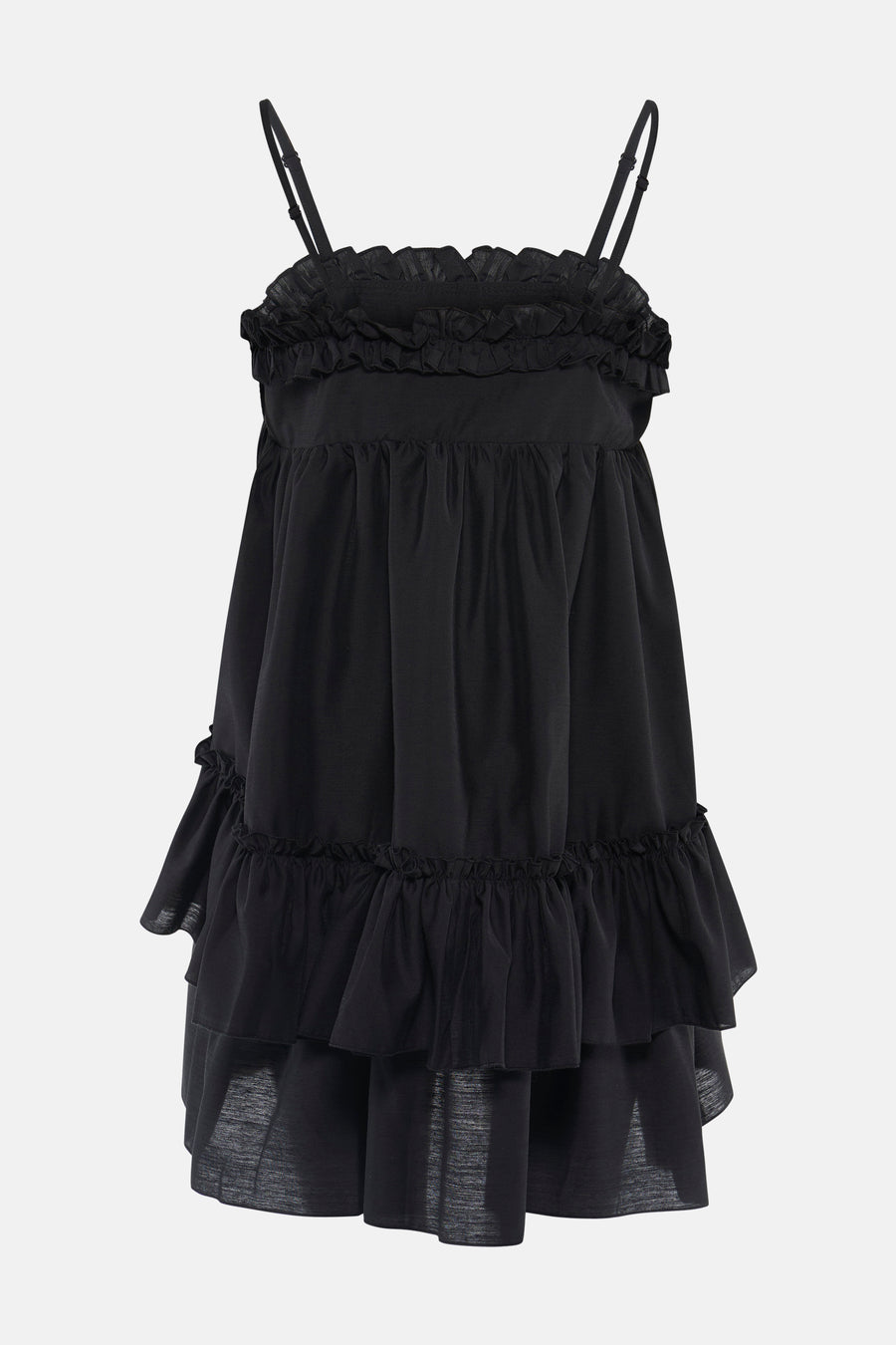 Robe courte noire sans manches TOPSHOP avec volants, bretelles spaghetti réglables et ourlet à volants.
