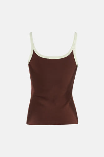 Débardeur marron TOPSHOP à texture côtelée et passepoil crème contrastant.
