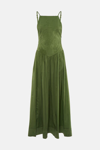 Robe verte TOPSHOP avec fines bretelles réglables et motifs subtilement brodés sur le corsage et l'ourlet.
