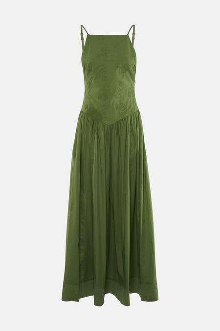 Robe verte TOPSHOP avec fines bretelles réglables et motifs subtilement brodés sur le corsage et l'ourlet.
