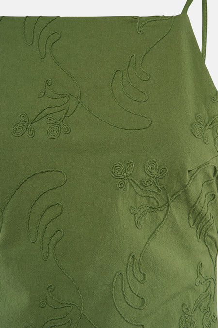 Robe verte TOPSHOP avec motifs floraux et végétaux abstraits brodés en relief.