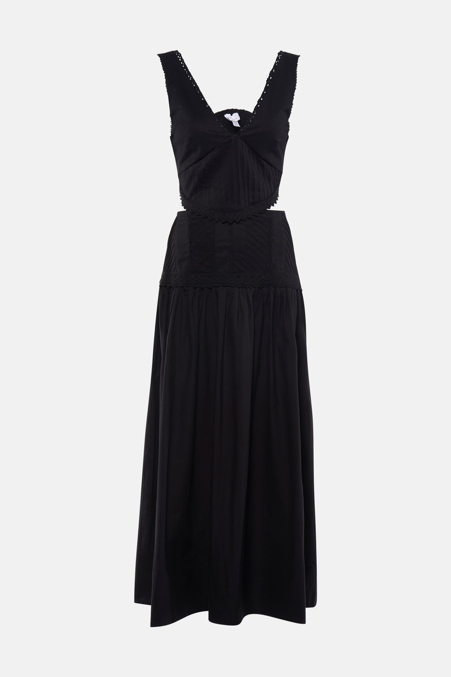 Robe noire sans manches TOPSHOP avec col en V, bordure en dentelle, taille plissée et découpes.