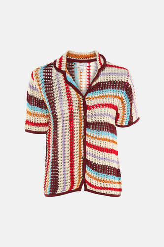 Multicolor opengewerkte gehaakte pull van TOPSHOP met korte mouwen, een kraag en knoopsluiting.