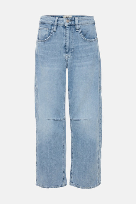 Blauwe denim jeans van MAC met een wijde pijp en steekzakken.
