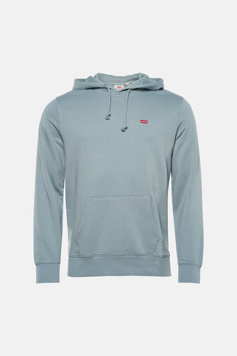 Blauwe sweater met kap van Levi's, met trekkoorden en een klein logo op de borst.
