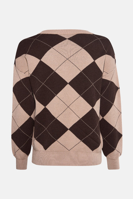 Gebreide trui met ruitpatroon, bruin en beige.
