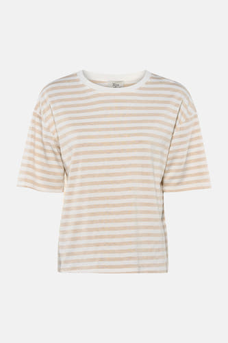 T-shirt rayé beige et blanc de Terra di Siena à manches courtes et col rond.