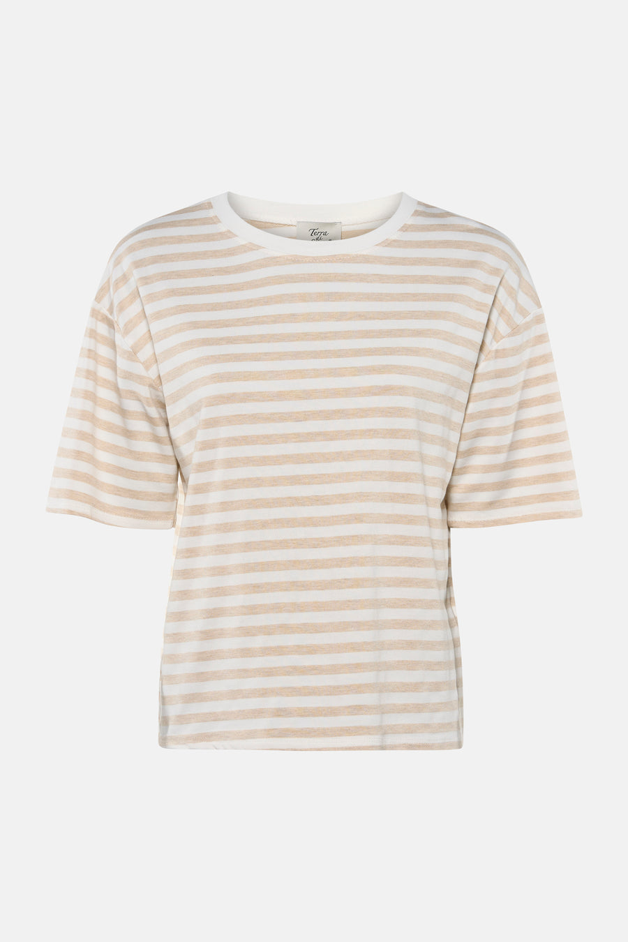T-shirt rayé beige et blanc de Terra di Siena à manches courtes et col rond.