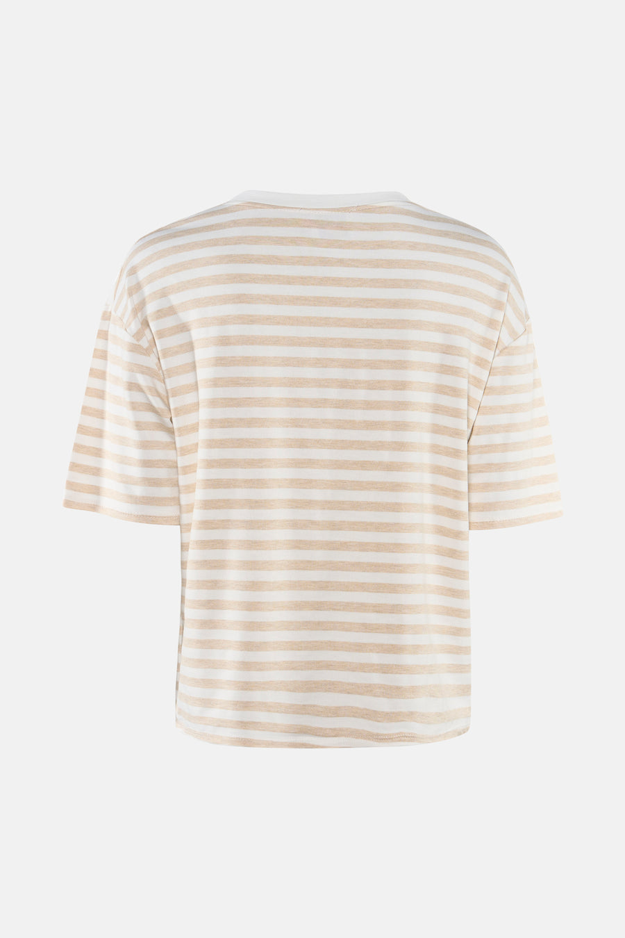 T-shirt beige à manches courtes de Terra di Siena avec un motif rayé beige et blanc, vu de dos.