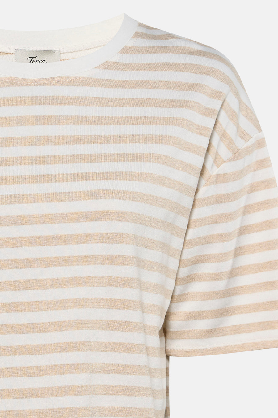 T-shirt beige et blanc à rayures de Terra di Siena avec col rond et manches courtes.