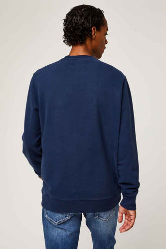 Blauwe sweater van Levi's®, gezien vanaf de achterkant, gedragen met een spijkerbroek.
