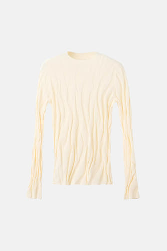 Ecru ronde hals trui van MANGO met verticale geribde textuur, lange mouwen, front view