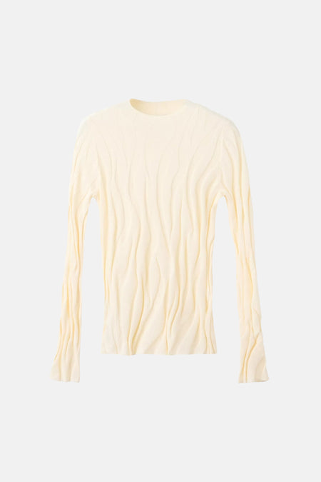 Ecru ronde hals trui van MANGO met verticale geribde textuur, lange mouwen, front view