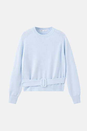 Lichtblauwe ronde hals trui van MANGO met riem en knoopdetail, voorzijde weergave