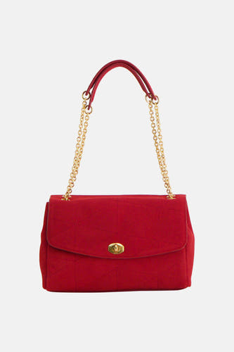 Rode schoudertas van fluweel met gouden ketting en ruitstiksel, van MANGO, front view