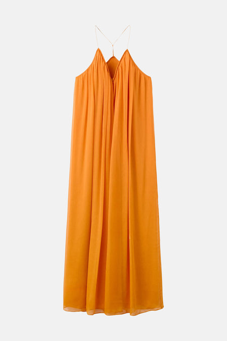 Oranje mouwloos kleedje van MANGO, met dunne bandjes en vloerlange, vloeiende stof, front view