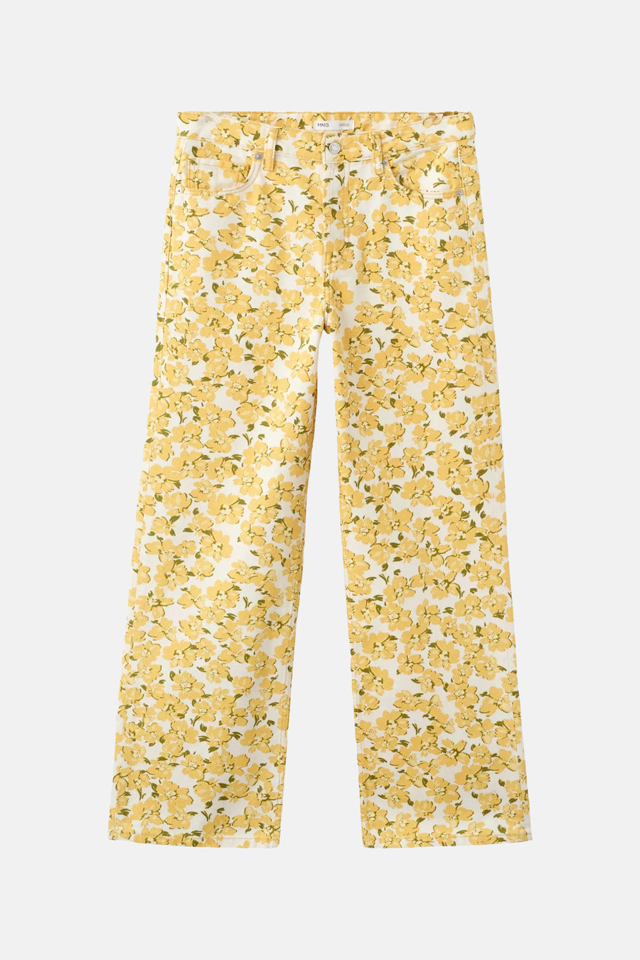 Gele damesbroek met bloemenprint van MANGO, witte achtergrond, vijf zakken, rechte pasvorm