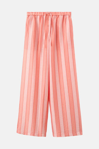 Roze gestreepte damesbroek met elastische taille van MANGO, breed model met trekkoord en knopen aan de voorkant
