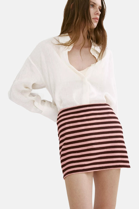 Multicolor gestreepte gebreide rok van MANGO, roze en bruin, casual stijl, model vanaf de taille, lichte blouse erboven