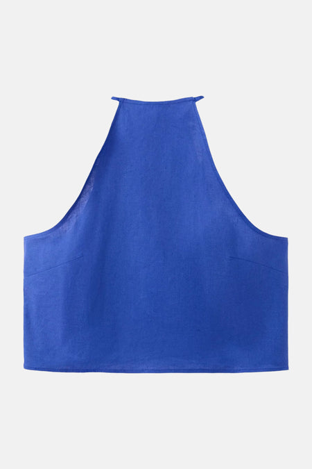 Blauwe mouwloze blouse van MANGO, halterhals, gladde stof, strakke pasvorm, achterzijde weergegeven