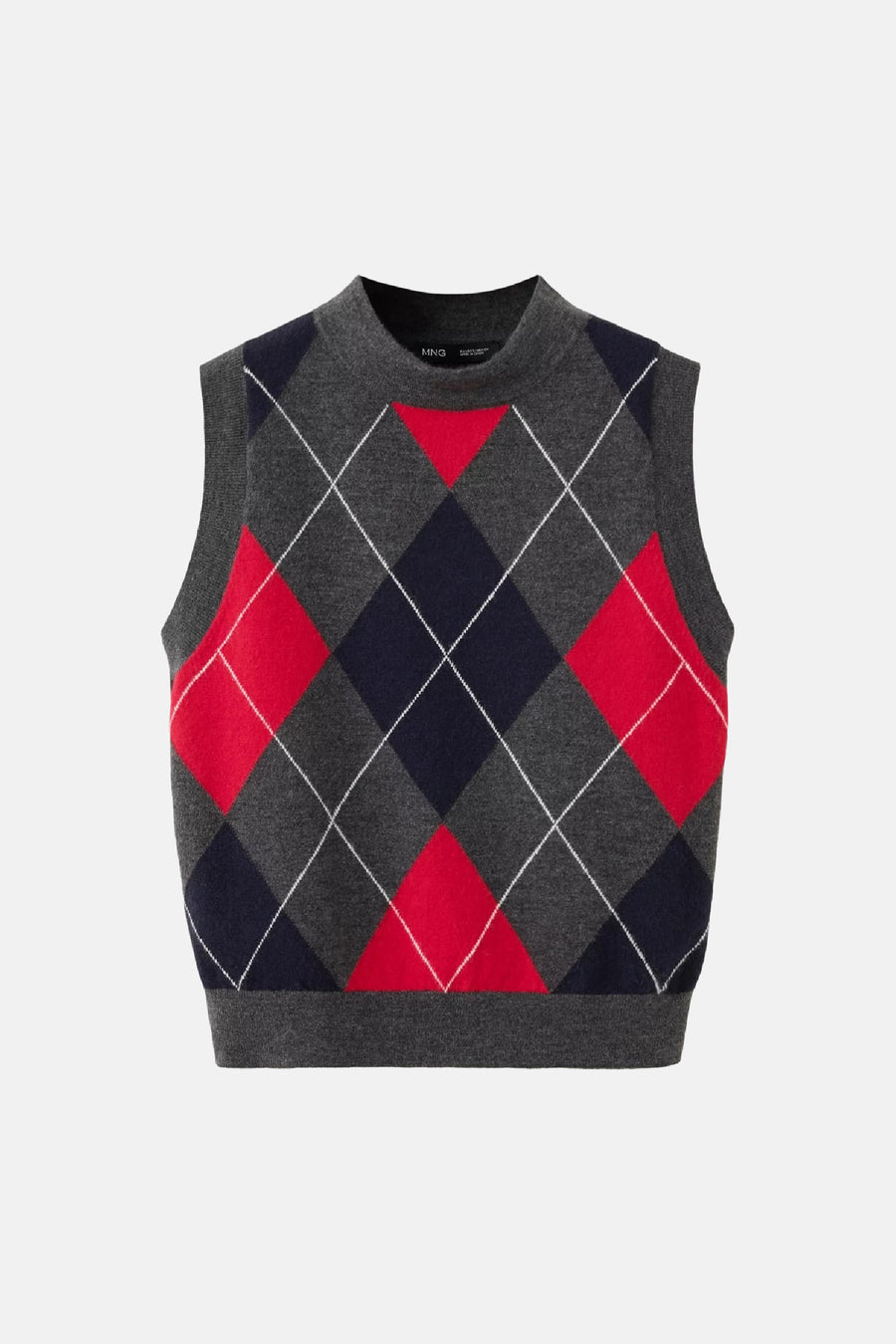 Multicolor argyle gilet van MANGO, grijze basis met rode en donkerblauwe ruitjes, gebreid, front view