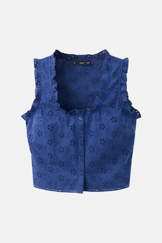 Blauwe mouwloze blouse met bloemenbroderij en ruches van MANGO, knoopsluiting, front view