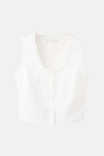 Witte mouwloze blouse met bloemmotief en ruches van MANGO, vooraanzicht met knoopsluiting