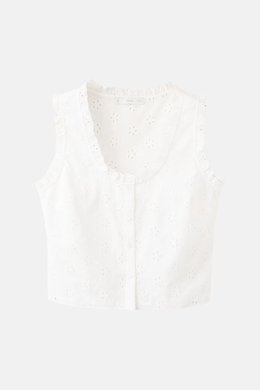 Witte mouwloze blouse met bloemmotief en ruches van MANGO, vooraanzicht met knoopsluiting
