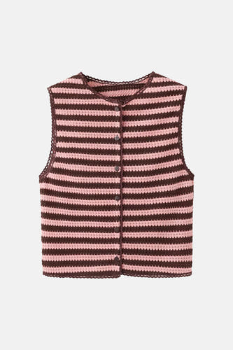 Multicolor gestreepte korte gilet van MANGO, gehaakt met donkere knopen en geborduurde randen, front view