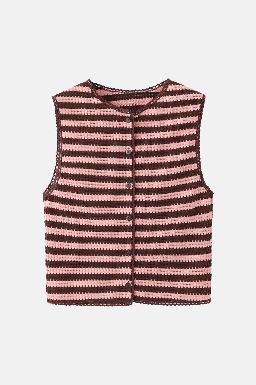 Multicolor gestreepte korte gilet van MANGO, gehaakt met donkere knopen en geborduurde randen, front view