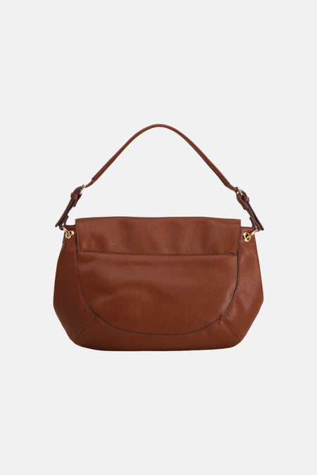 Bruine schoudertas van MANGO met glad leer, goudkleurige gesp en gebogen vorm, front view