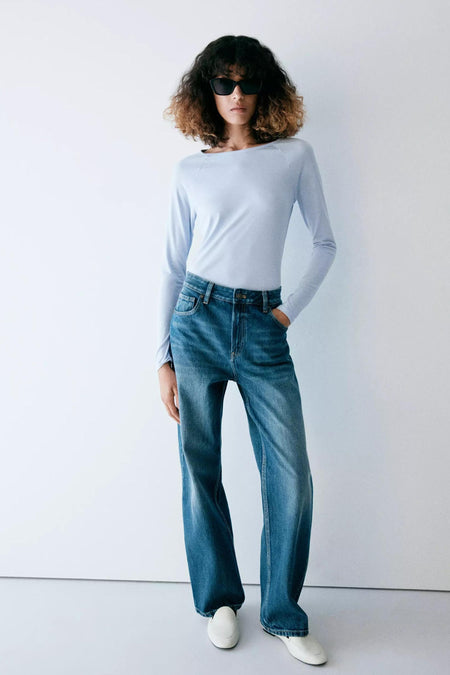 Top uni manche longue bleu - MANGO