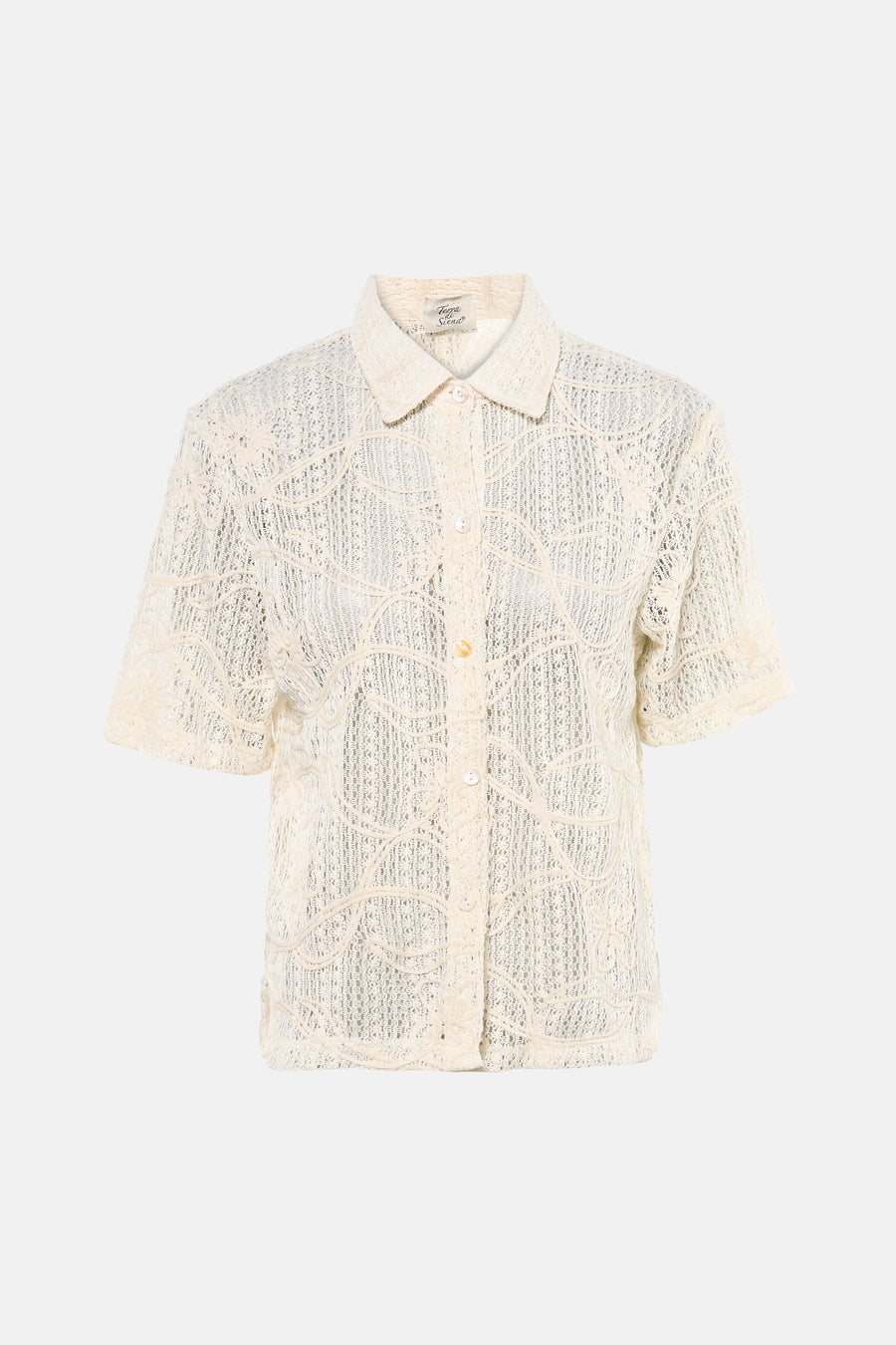 Chemisier beige en crochet à manches courtes de Terra di Siena, avec col, fermeture boutonnée et un motif ajouré élégant.