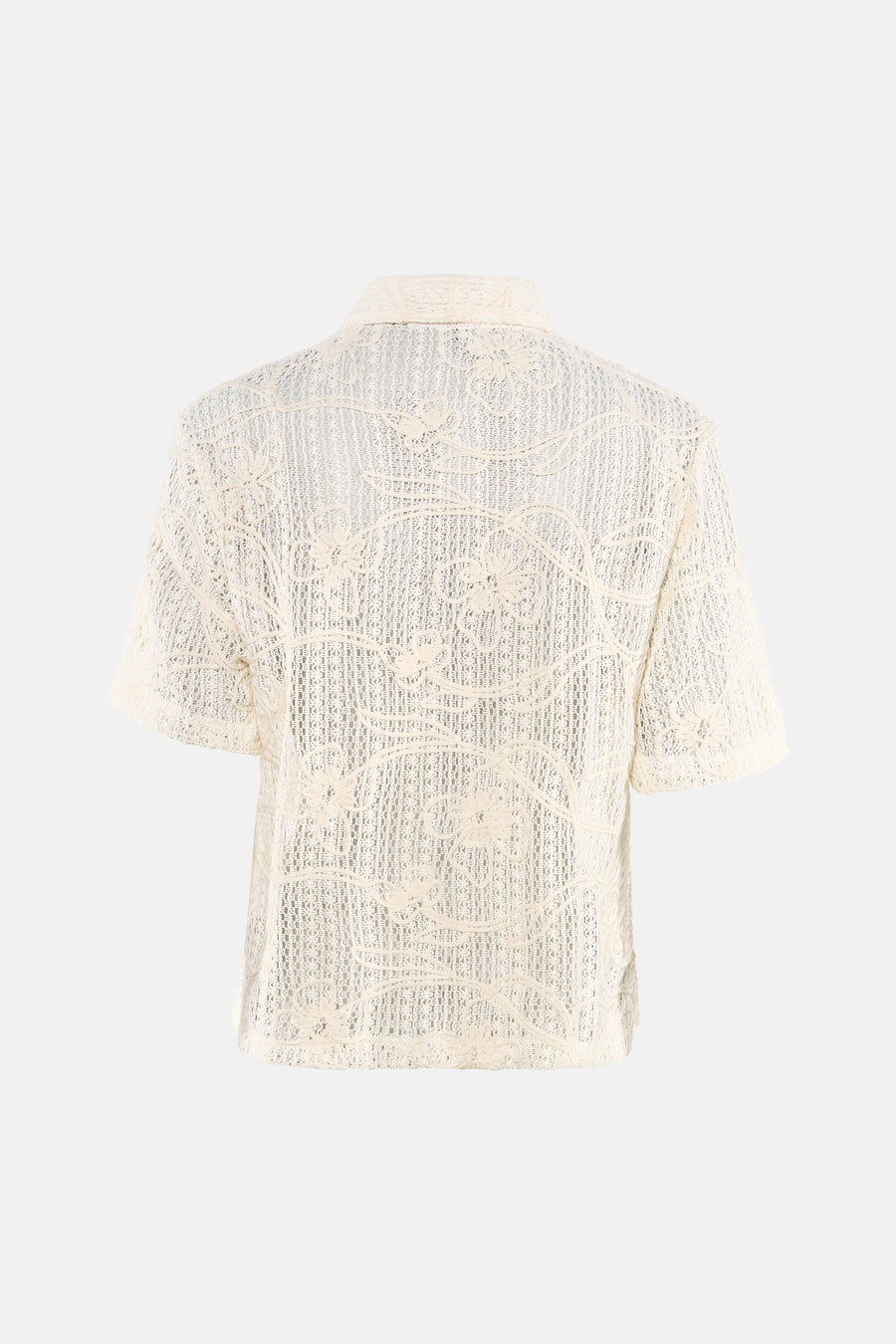 Chemisier beige à manches courtes de Terra di Siena, avec un motif floral en dentelle ajourée, vue arrière.