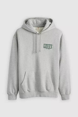 Grijze sweater met kap van Levi's, met trekkoorden en zak op de voorkant.