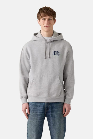 Pull gris à capuche de Levi's, avec cordon et poche avant, porté avec un jean bleu.