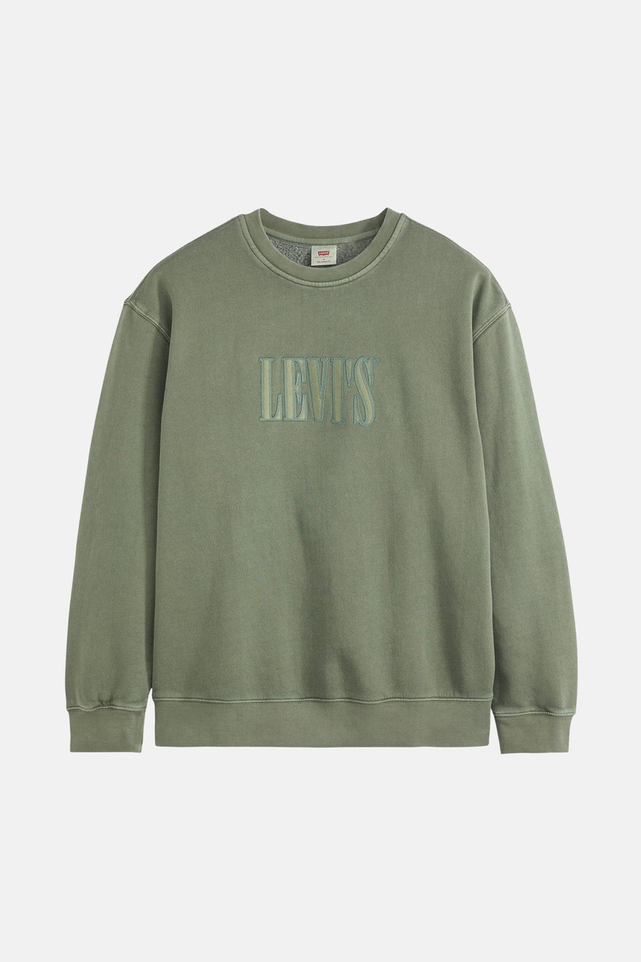 Sweater vert de Levi's avec des bordures côtelées et le nom de la marque sur la poitrine.