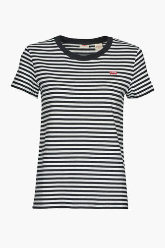 T-shirt rayé noir de Levi's® avec des manches courtes et un logo de marque rouge.
